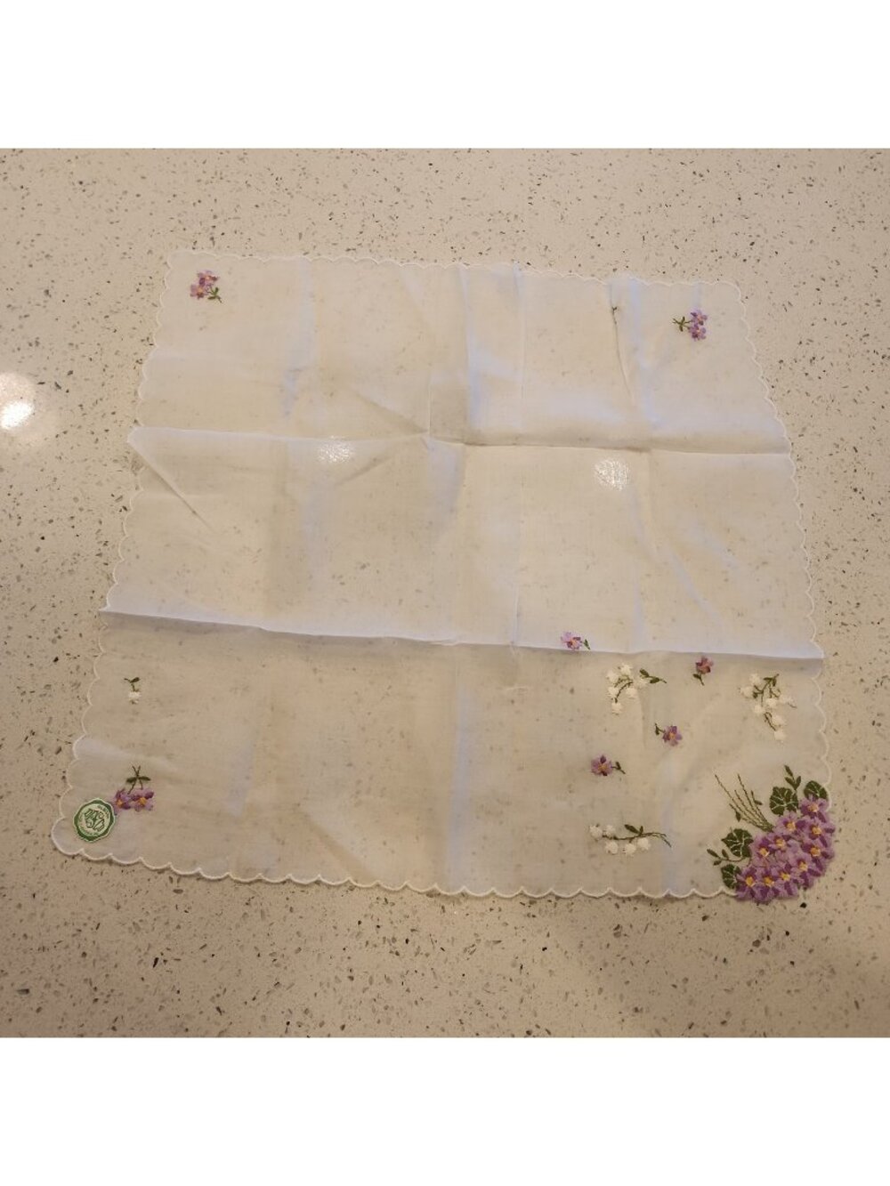 Desco Switzerland Cotton Embroidered Handkerchief Purple Flowers 13.5"